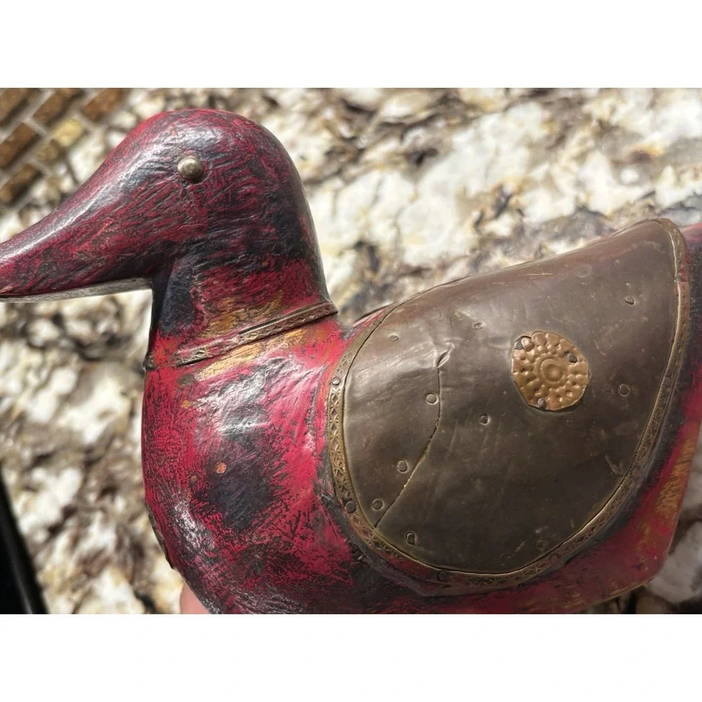 Vintage DUCK Hand Carved Wooden Copper figurine 5 1/2 H 8' L